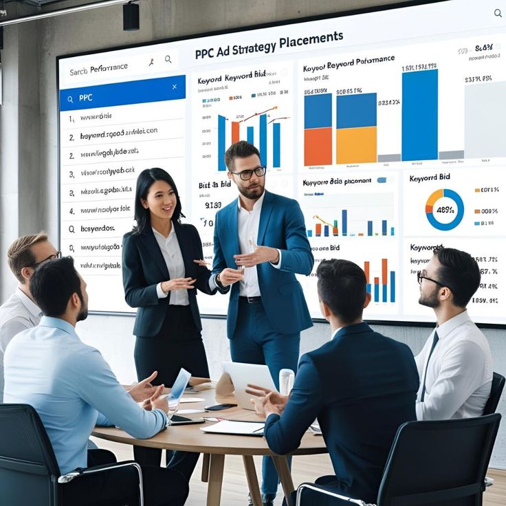 Team of digital marketing professionals discussing keyword performance and ad strategy in front of detailed PPC analytics dashboards, representing expert PPC service in Delhi.